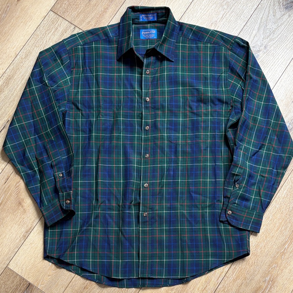 Sir Pendleton Mens's Large Green Blue Plaid Worsted Wool Shirt Button Down